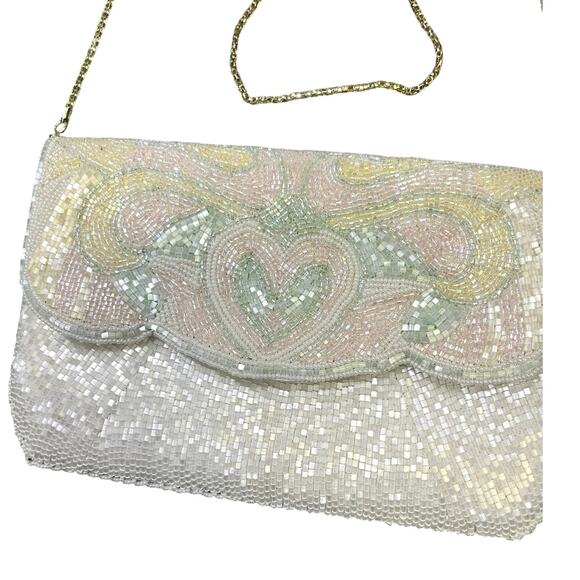 Vintage Beaded Women’s Handbag Clutch, Gold Chain Pearl Beads Spring Easter - Picture 2 of 10